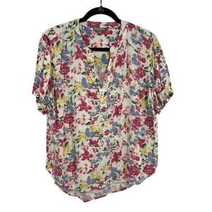 Falls Creek Bright Floral Short Sleeve Casual Button Up Linen Blend Women's XL
